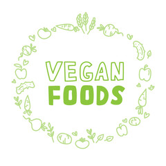 Vegan Foods. Handwritten lettering for restaurant, cafe menu. Vector elements for labels, logos, badges, stickers or icons. Hand drawn vegetables. Vegan menu