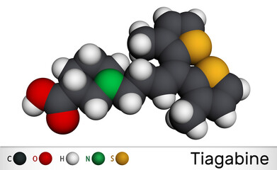 Tiagabine, C20H25NO2S2 molecule. It is anticonvulsant medication, is used in the treatment of epilepsy. Molecular model