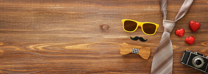Father's day concept over wooden background. top view, flat lay