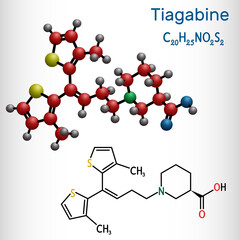 Tiagabine, C20H25NO2S2 molecule. It is anticonvulsant medication, is used in the treatment of epilepsy. Structural chemical formula and molecule model