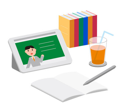 オンライン学習のイメージ。タブレット端末とノートと参考書と飲み物。

