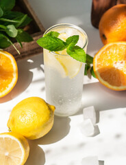 Fresh Summer Homemade citrus lemonade with lemon, mint and ice in glass on a white table.