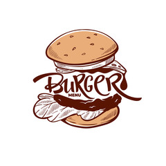 Burger Menu, hand drawn sketch with lettering composition for yout logo, emblem, label