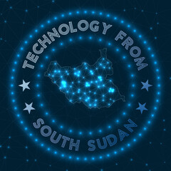 Technology From South Sudan. Futuristic geometric badge of the country. Technological concept. Round South Sudan logo. Vector illustration.