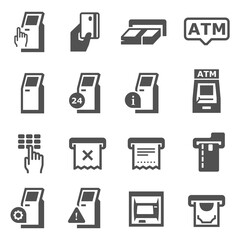 Cash dispenser, ATM black and white icons set. Terminal, minibank, banking pictograms collection.