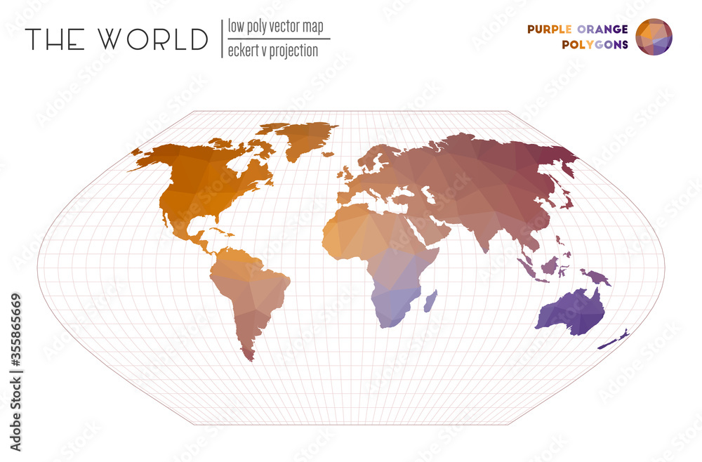 Poster abstract world map. eckert v projection of the world. purple and orange colored polygons. neat vecto