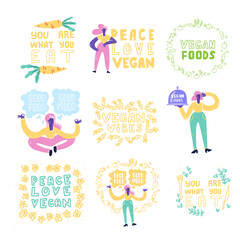 Set of Vector Vegan Signs. Vegan Foods. Plant based vegan diet symbols.Vegan slogan for package design, web, print t-shirt, logo, poster, symbol, design, decor, textile, paper, card.