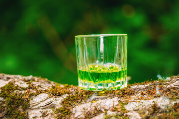glass with absinthe on a background of nature