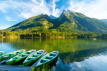 boats on Lake Hintersee in Ramsau in Berchtesgaden, Bavaria, Germany