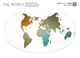Polygonal world map. Hill eucyclic projection of the world. Brown Blue Green colored polygons. Trending vector illustration.