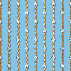 Gemstones and chains seamless patterns. Borders set isolated on white