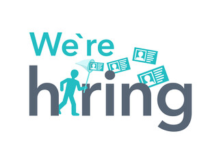 Were Hiring creative concept for staff recruitment program - human icon (silhouette) catching candidates (in summary or account form) with butterfly net - catchy message for personnel employment
