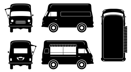 Vintage food truck silhouette on white background. Vehicle icons set view from side, front, back, and top