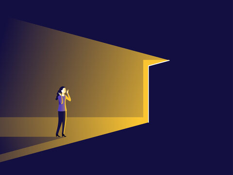 Surprised Woman Opening Door With Bright Light Inside  - Concept Of Career, Opportunity, Business Challenge - Vector Illustration For Female Business And Woman Rights