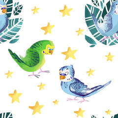 Childish pattern with cute little parrots and hand drawn stars. Creative kids texture for fabric, wrapping, textile, wallpaper, apparel. Hand drawn illustration