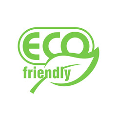 Eco friendly stamp (sticker) for healthy or natural food products, cosmetics or technology packaging marking - monochrome emblem with green leaf