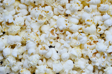 A close up of freshly popped popcorn. 