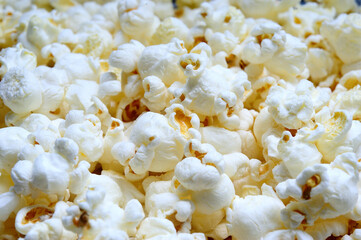 A close up of freshly popped popcorn. 