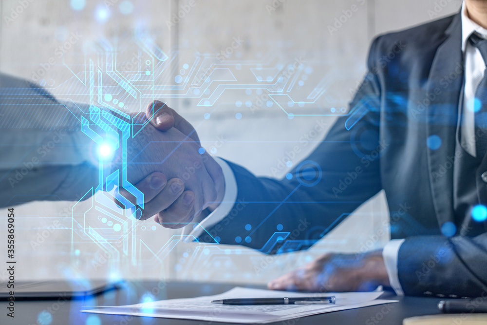 Poster double exposure of two businesspeople handshake and binary technology hologram drawing background. c