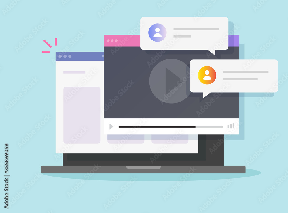 Poster internet video call online player on laptop computer website window or pc digital web webinar discus