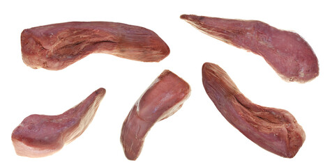Beef tongue isolated on a white background.Offal.Cold snacks.Collage of food objects on a white background.