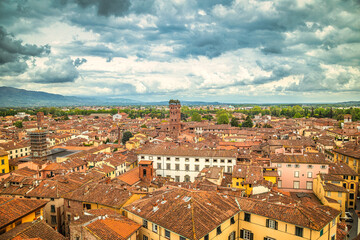 Fototapeta na wymiar Top view on historic centre of Lucca city in Tuscany, Italy, Europe.