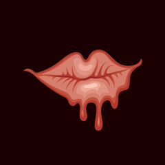 Vector banner with a sexy female mouth that drips drops on a black background. A sensual mouth with an inviting, flirtatious smile. Wet, juicy lips of a young girl or woman. T-shirt or tattoo design