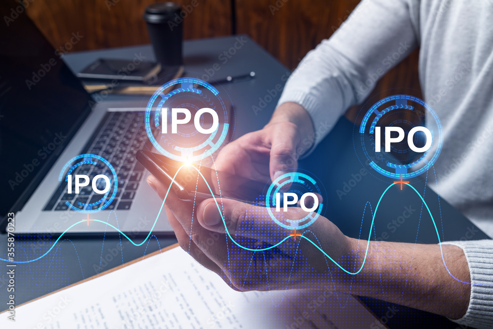 Poster man using phone. hands typing smartphone. double exposure with ipo hologram. close up. financial gra
