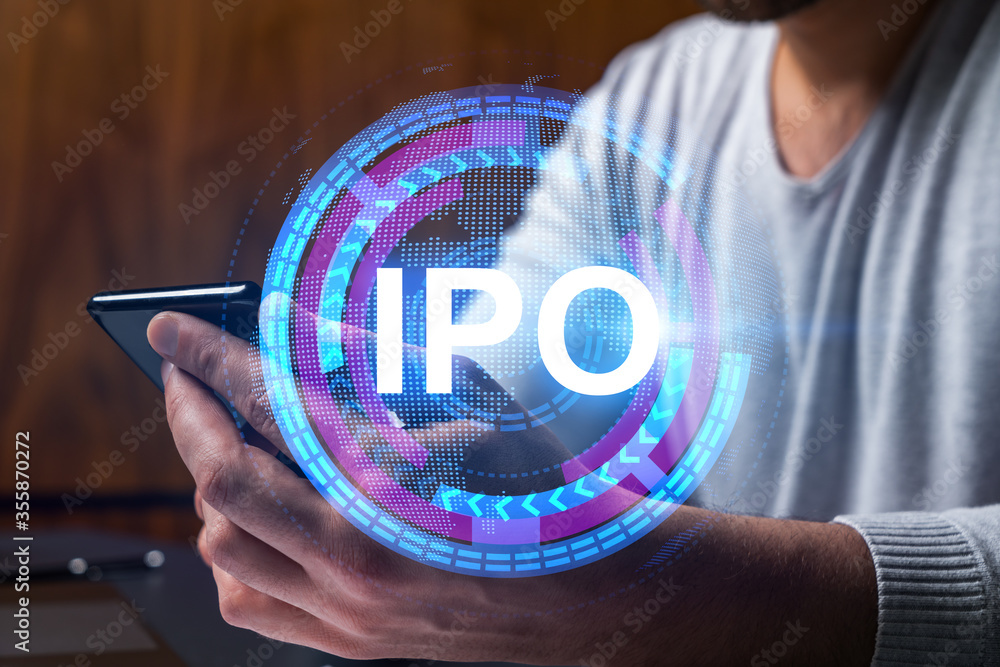Poster man using phone. hands typing smartphone. double exposure with ipo hologram. close up. financial gra