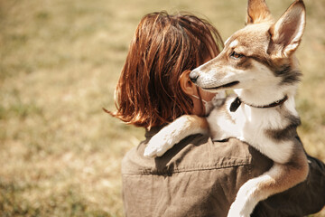 Young girl holds a dog in her arms