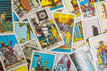 Fototapeta na wymiar A deck of tarot cards. Fortune telling, prediction. Magic