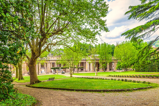 Spa park in Montecatini Terme town at sunset in Tuscany, Italy, Europe.