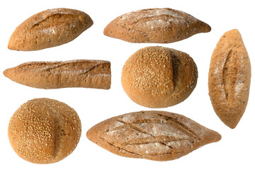 Different kinds of delicious fresh baked bread such as bun french top view and close up isolated on white background .