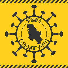 Corona virus in Serbia sign. Round badge with shape of virus and Serbia map. Yellow country epidemy lock down stamp. Vector illustration.
