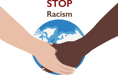 Black man and white man hand holding world globe in tender situation against racism vector