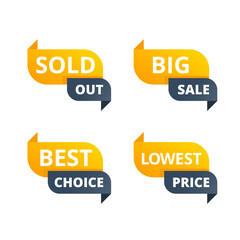 Tag in yellow and gray ribbon form with different text - special offer, best choice, big sale and lowest price - for sticker, button, billet and other promo