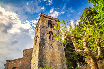 Obraz premium Church tower in Montecatini Alto - medieval village above Montecatini Terme town in Tuscany, Italy, Europe..