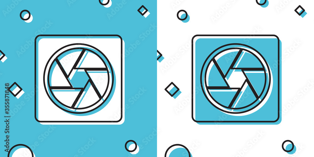 Poster black camera shutter icon isolated on blue and white background. random dynamic shapes. vector illus