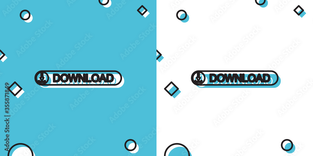 Poster black download button with arrow icon isolated on blue and white background. upload button. load sym