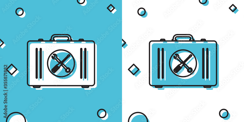 Poster black toolbox icon isolated on blue and white background. tool box sign. random dynamic shapes. vect