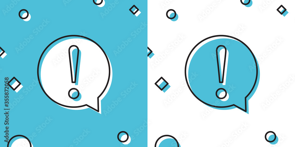 Poster black exclamation mark in circle icon on blue and white background. hazard warning symbol. faq sign.