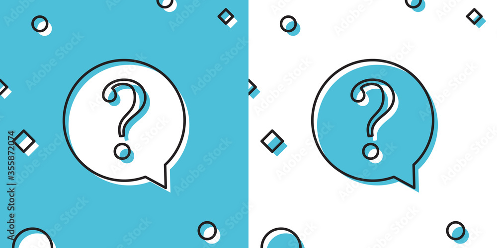 Poster black question mark in circle icon on blue and white background. hazard warning symbol. faq sign. co