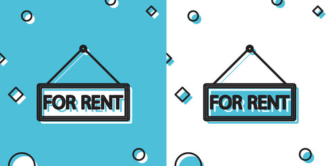 Black Hanging sign with text For rent icon isolated on blue and white background. Random dynamic shapes. Vector Illustration
