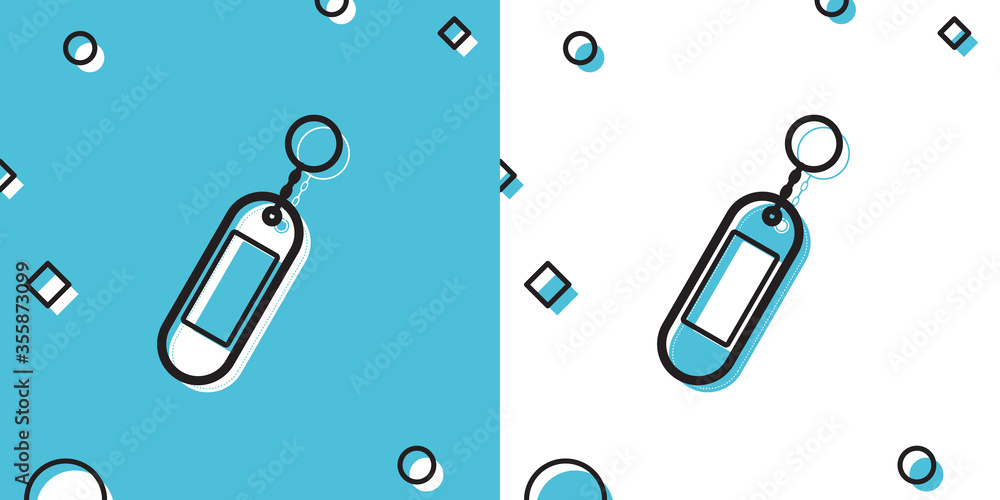 Poster black key chain icon isolated on blue and white background. blank rectangular keychain with ring and