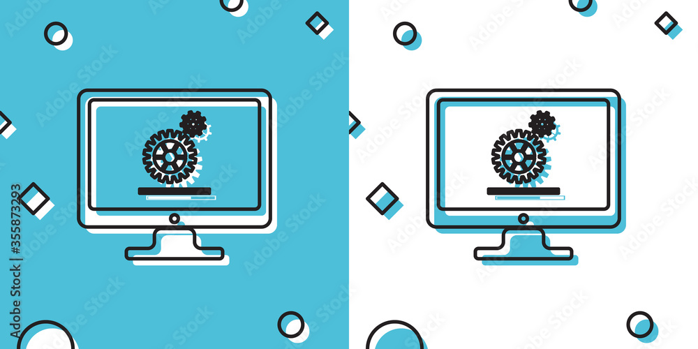 Poster computer monitor update process with gear progress and loading bar icon on blue and white background