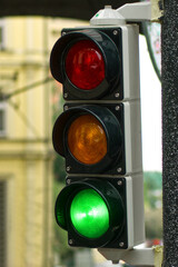 Traffic light with red, yellow and green lights showing green for start