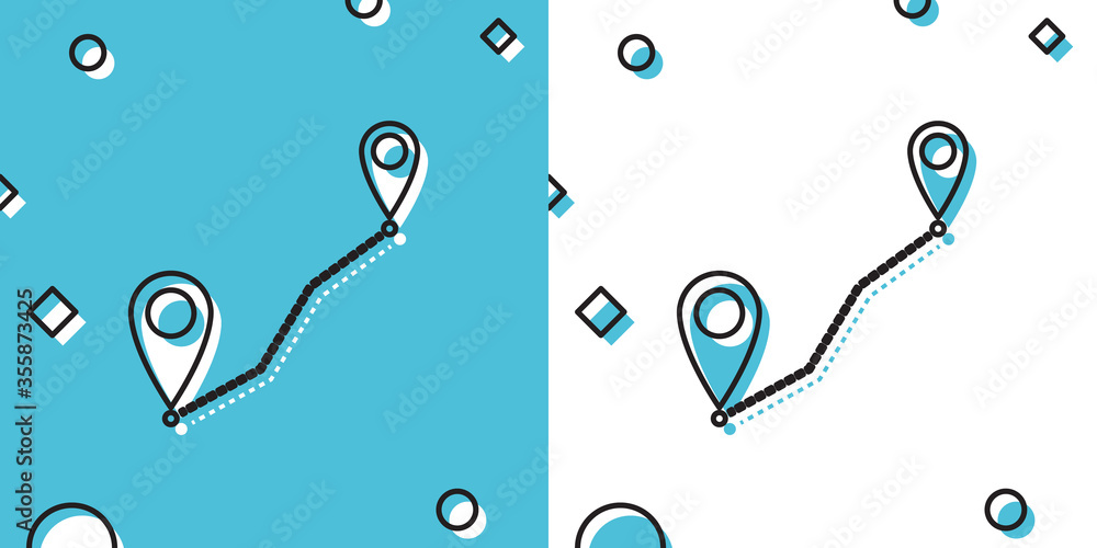 Poster black route location icon isolated on blue and white background. map pointer sign. concept of path o