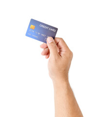 Hand man holding credit card isolated on white,