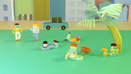 Social distancing, people wear mask for preventing from corona virus.