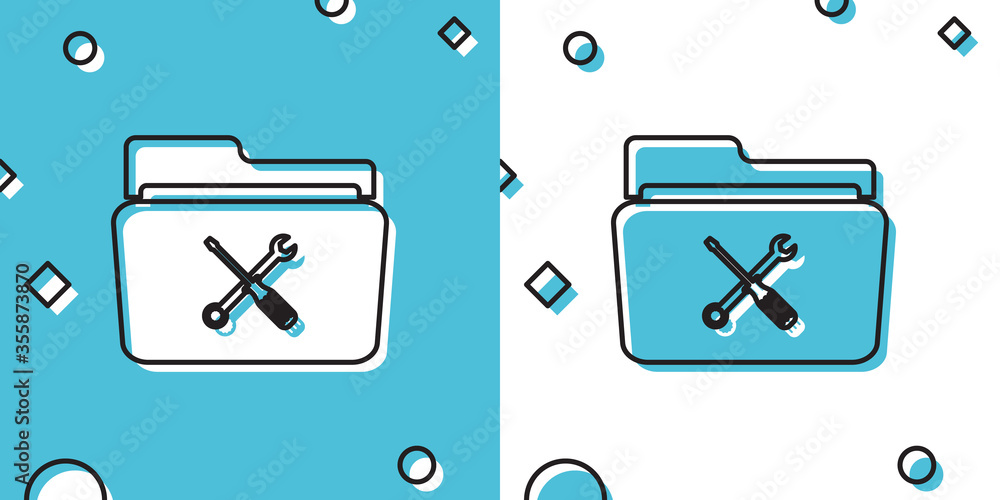 Poster black folder and tools or settings icon isolated on blue and white background. folder with wrench an